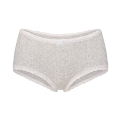 LIGHTWEIGHT COTTON POINTELLE LACE BOY SHORT | LIGHT HEATHER GREY PIN DOT FLAT ON A WHITE BACKGROUND | FLT