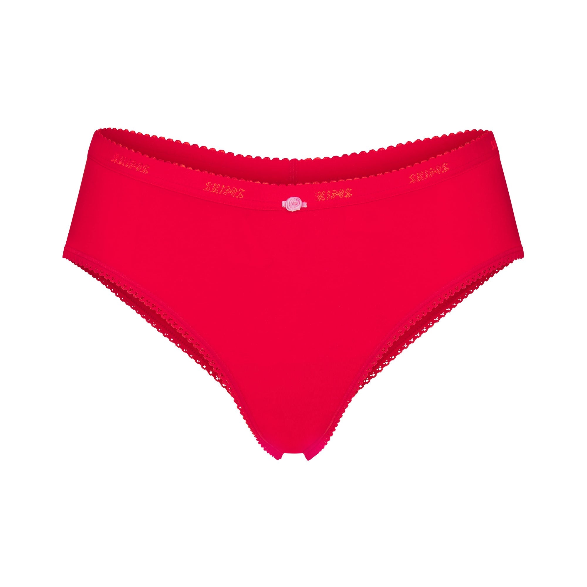 LIGHTWEIGHT COTTON LOGO PICOT HIPSTER | RUBY TONAL FLAT ON A WHITE BACKGROUND | FLT