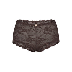 STRETCH LACE BOY SHORT | ESPRESSO FLAT ON A WHITE BACKGROUND | FLT