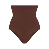 SEAMLESS SCULPT HIGH-WAISTED BRIEF | COCOA (SHAPEWEAR BRIEFS, SHAPEWEAR) LAYS FLAT ON A WHITE BACKGROUND | FLT