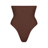 SEAMLESS SCULPT HIGH-WAISTED THONG | COCOA (SHAPEWEAR THONGS, SHAPEWEAR) LAYS FLAT ON A WHITE BACKGROUND | FLT