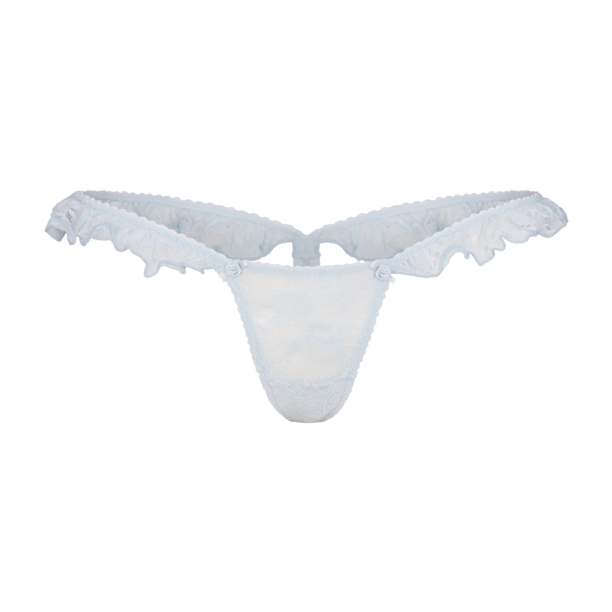 STRETCH LACE BUTTERFLY THONG | POWDER BLUE FLAT ON A WHITE BACKGROUND | FLT