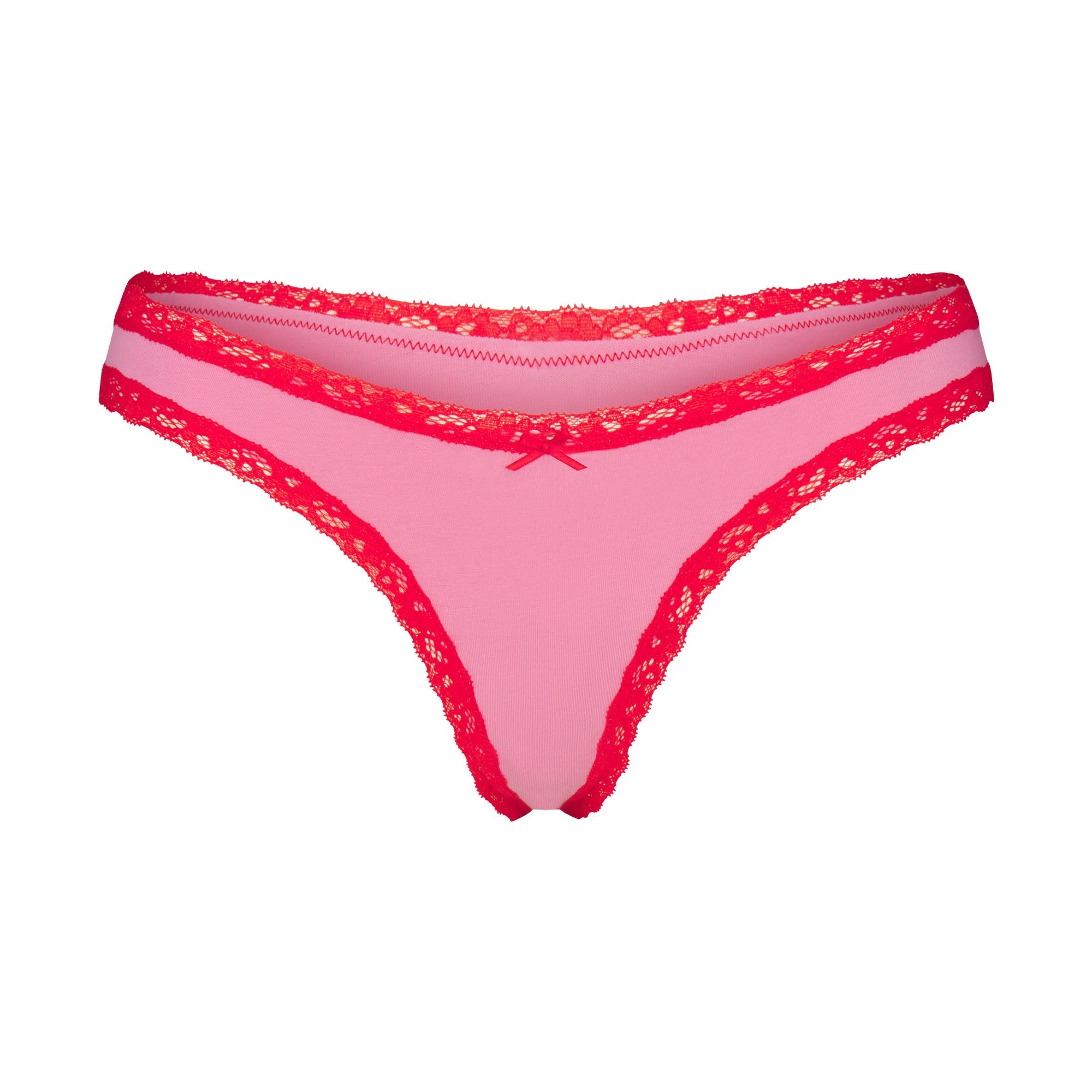 LIGHTWEIGHT COTTON LACE THONG | CARNATION CONTRAST FLAT ON A WHITE BACKGROUND | FLT