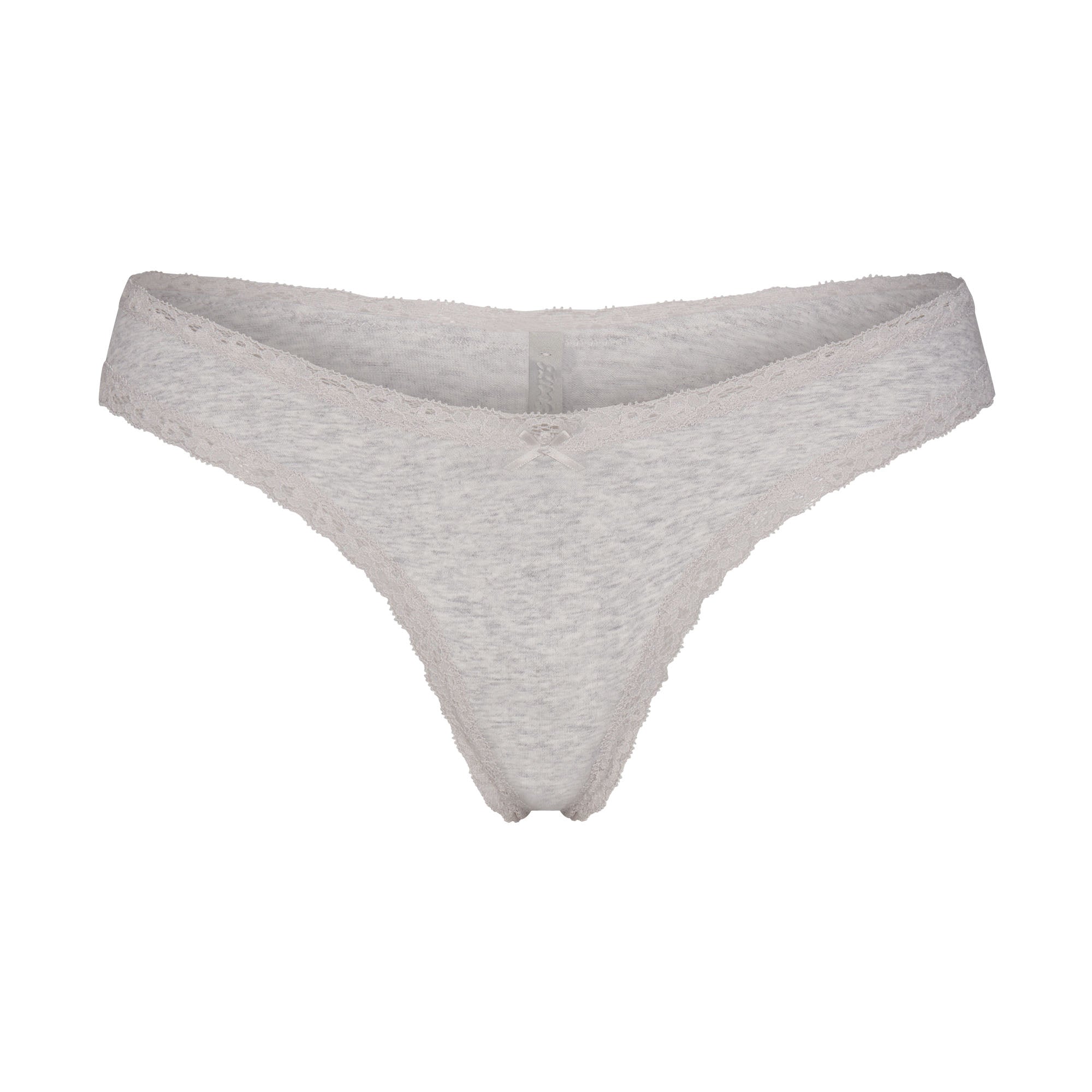 LIGHTWEIGHT COTTON LACE THONG | LIGHT HEATHER GREY FLAT ON A WHITE BACKGROUND | FLT