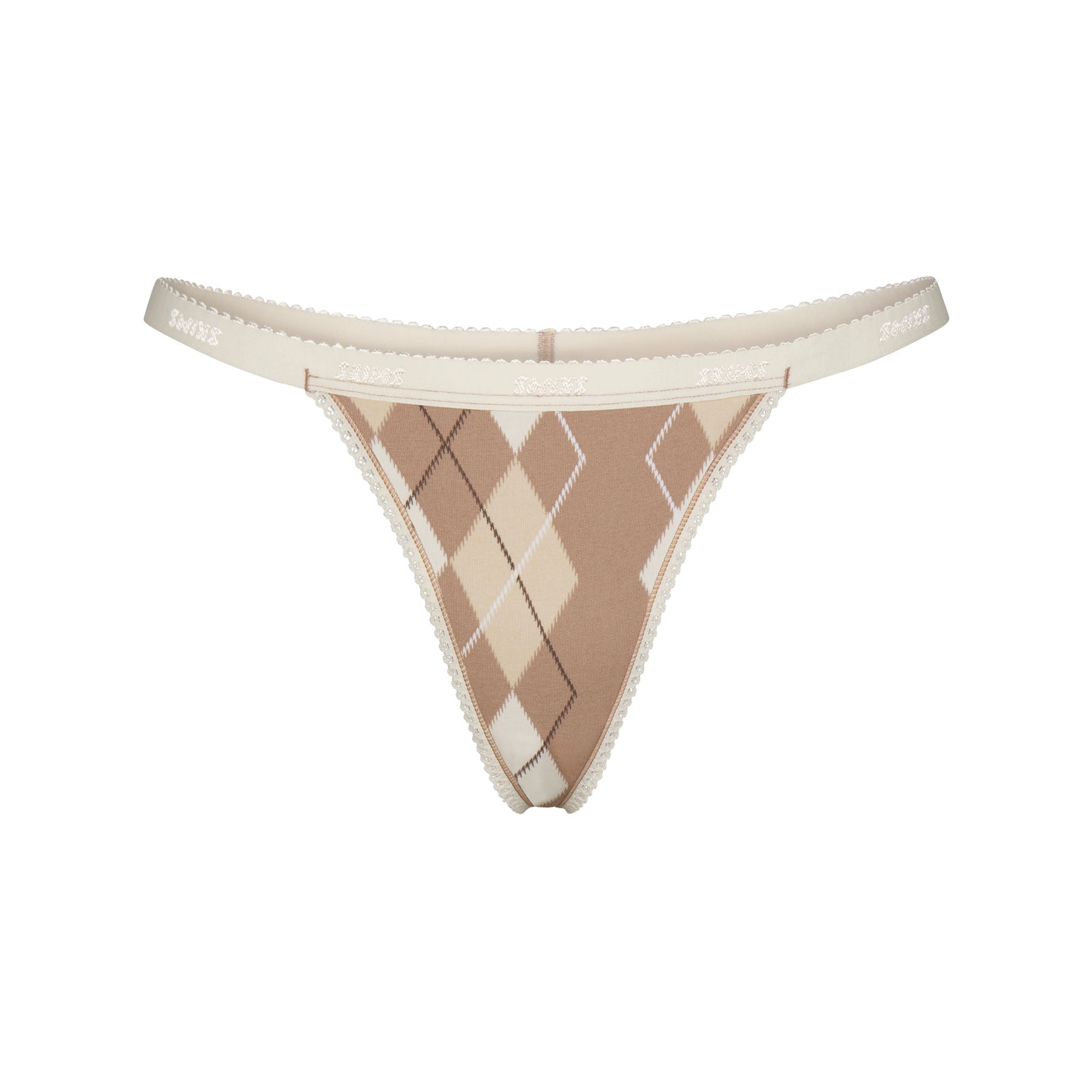 LIGHTWEIGHT COTTON LOGO PICOT THONG | CAFE ARGYLE PRINT & LAYS FLAT ON A WHITE BACKGROUND | FLT