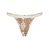 LIGHTWEIGHT COTTON LOGO PICOT THONG | CAFE ARGYLE PRINT & LAYS FLAT ON A WHITE BACKGROUND | FLT