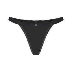 LIGHTWEIGHT COTTON PICOT LOGO THONG | SOOT FLAT ON A WHITE BACKGROUND | FLT