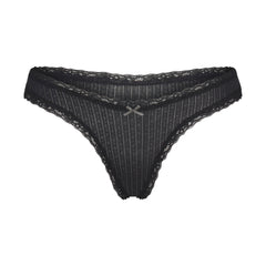 LIGHTWEIGHT COTTON POINTELLE LACE THONG | SOOT TONAL FLAT ON A WHITE BACKGROUND | FLT