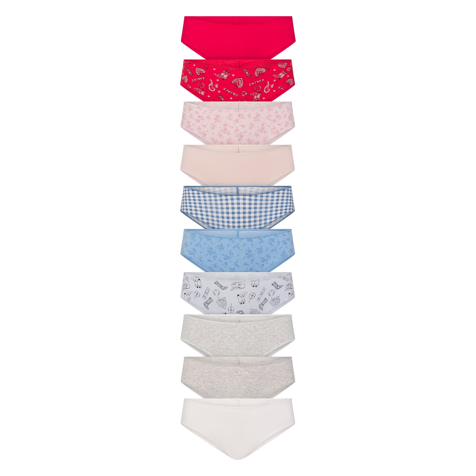 LIGHTWEIGHT COTTON RUCHED BACK HIPSTER 10-PACK | DAINTY FLORAL MULTI FLAT ON A WHITE BACKGROUND | FLT