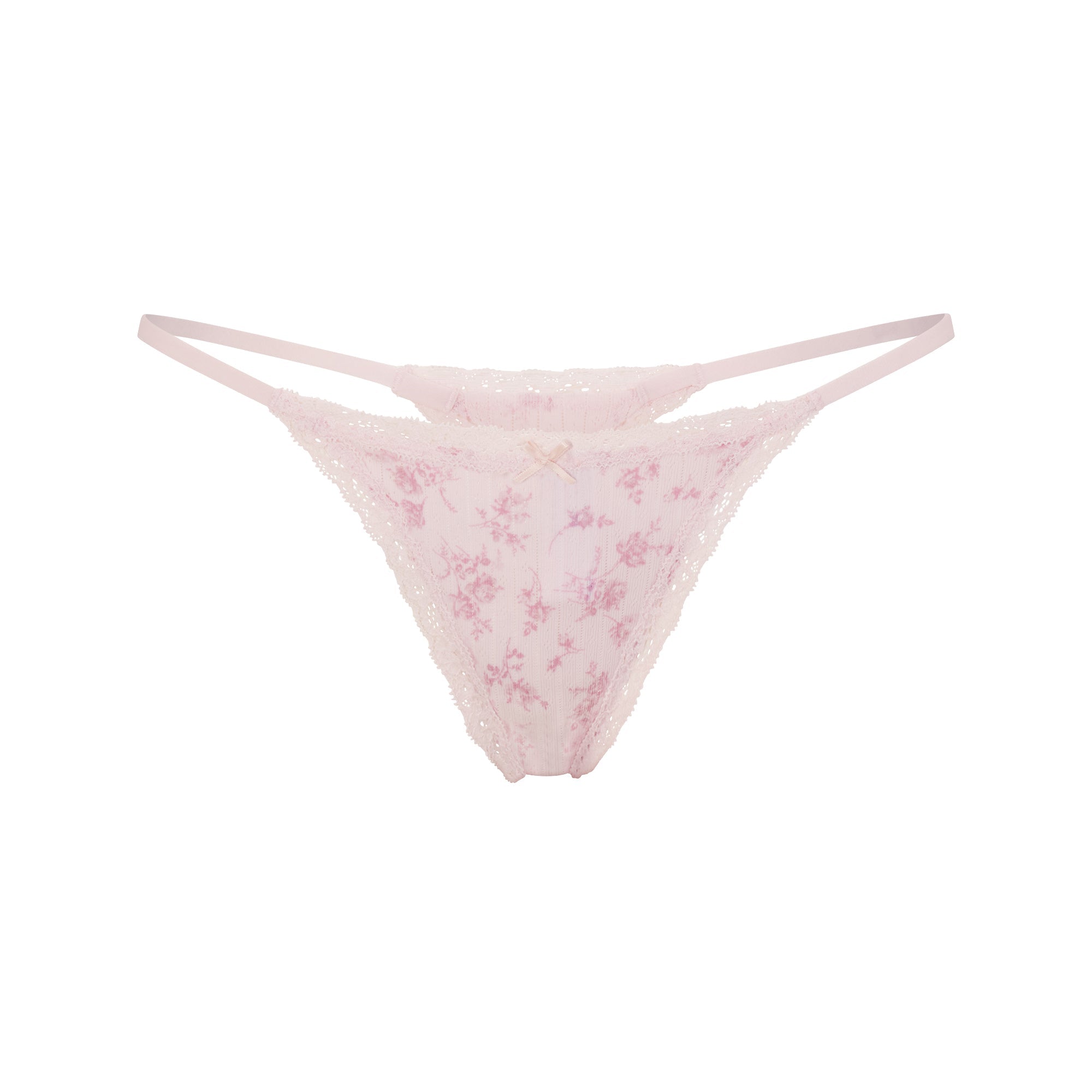 LIGHTWEIGHT COTTON POINTELLE LACE STRING THONG | BLOOM DAINTY FLORAL FLAT ON A WHITE BACKGROUND | FLT