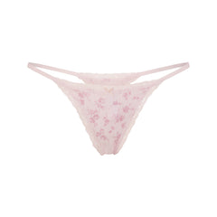 LIGHTWEIGHT COTTON POINTELLE LACE STRING THONG | BLOOM DAINTY FLORAL FLAT ON A WHITE BACKGROUND | FLT