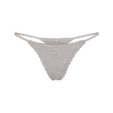 LIGHTWEIGHT COTTON POINTELLE LACE STRING THONG | LIGHT HEATHER GREY LAYS FLAT ON A WHITE BACKGROUND | FLT