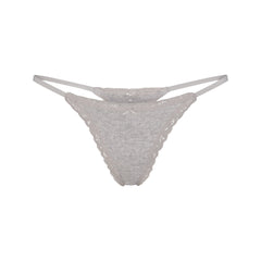 LIGHTWEIGHT COTTON POINTELLE LACE STRING THONG | LIGHT HEATHER GREY LAYS FLAT ON A WHITE BACKGROUND | FLT