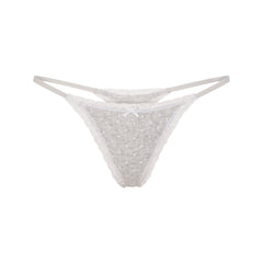 LIGHTWEIGHT COTTON POINTELLE LACE STRING THONG | LIGHT HEATHER GREY PIN DOT FLAT ON A WHITE BACKGROUND | FLT