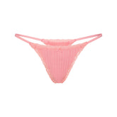 LIGHTWEIGHT COTTON POINTELLE LACE STRING THONG | MELON TONAL FLAT ON A WHITE BACKGROUND | FLT