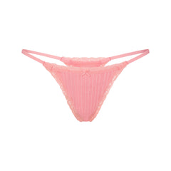 LIGHTWEIGHT COTTON POINTELLE LACE STRING THONG | MELON TONAL FLAT ON A WHITE BACKGROUND | FLT