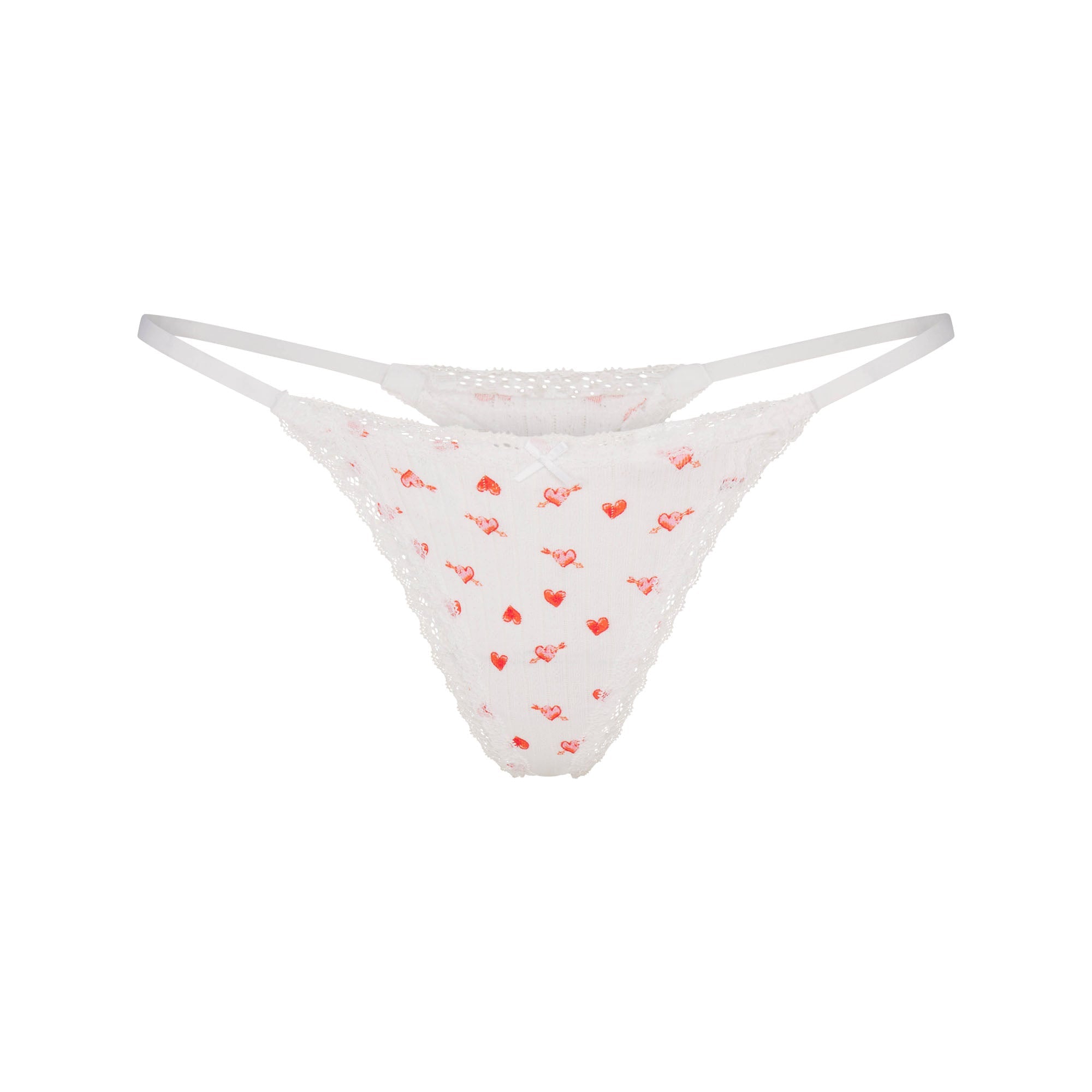LIGHTWEIGHT COTTON POINTELLE LACE STRING THONG | SNOW ARROWED HEARTS FLAT ON A WHITE BACKGROUND | FLT