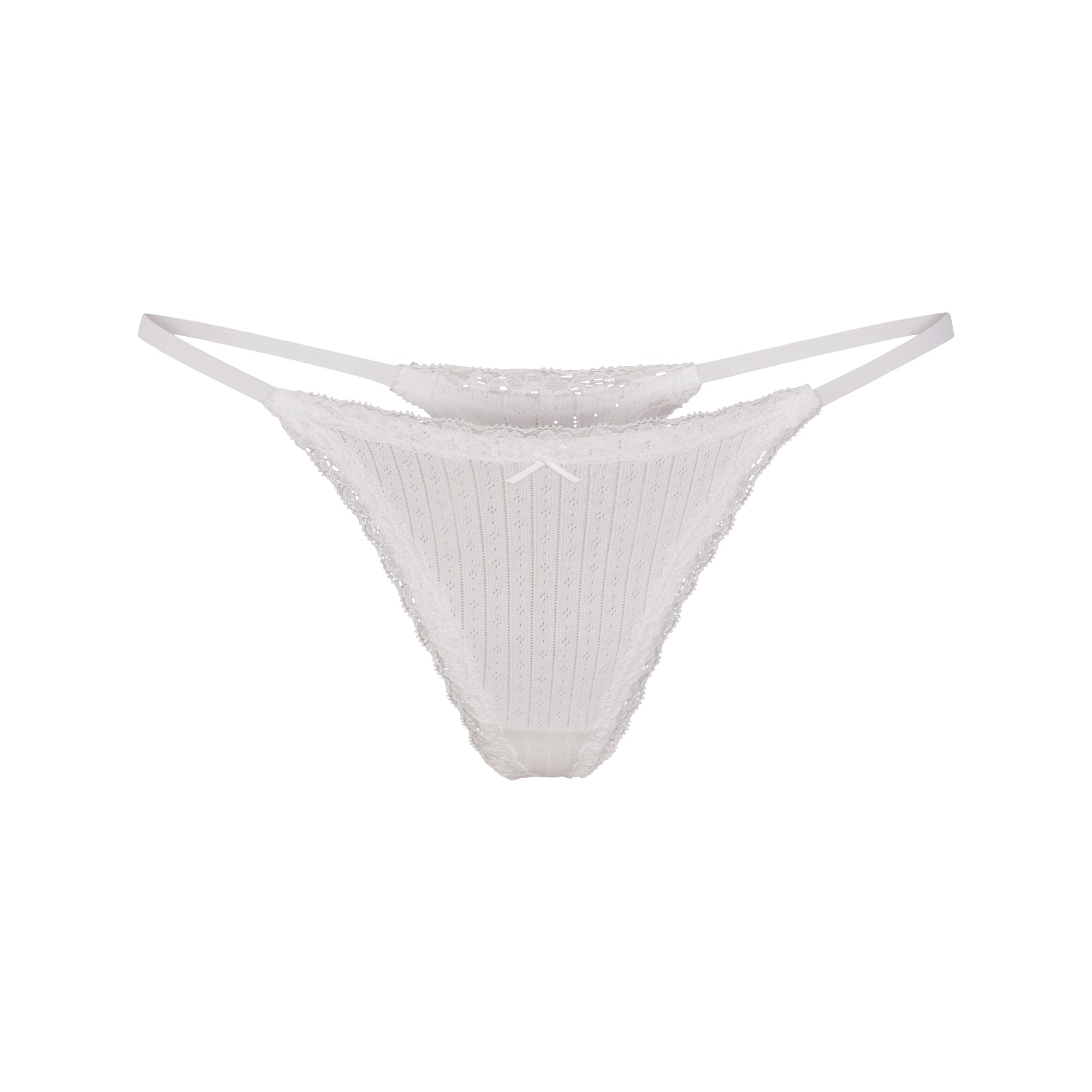 LIGHTWEIGHT COTTON POINTELLE LACE STRING THONG | SNOW FLAT ON A WHITE BACKGROUND | FLT