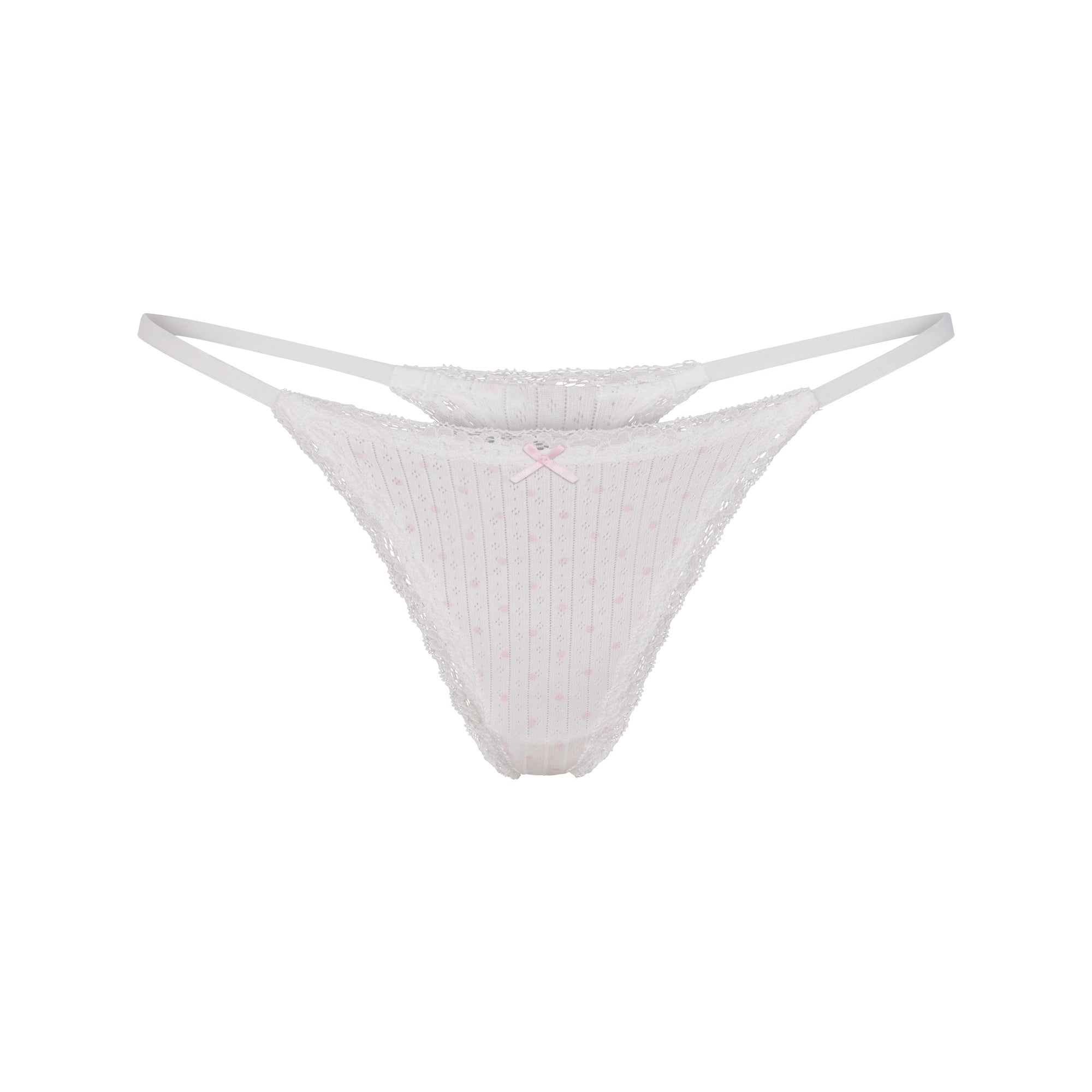 LIGHTWEIGHT COTTON POINTELLE LACE STRING THONG | SNOW PEONY PIN DOT FLAT ON A WHITE BACKGROUND | FLT