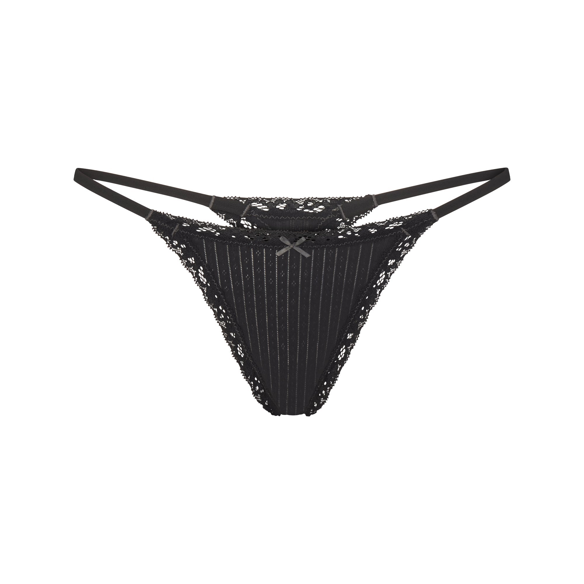LIGHTWEIGHT COTTON POINTELLE LACE STRING THONG | SOOT TONAL FLAT ON A WHITE BACKGROUND | FLT