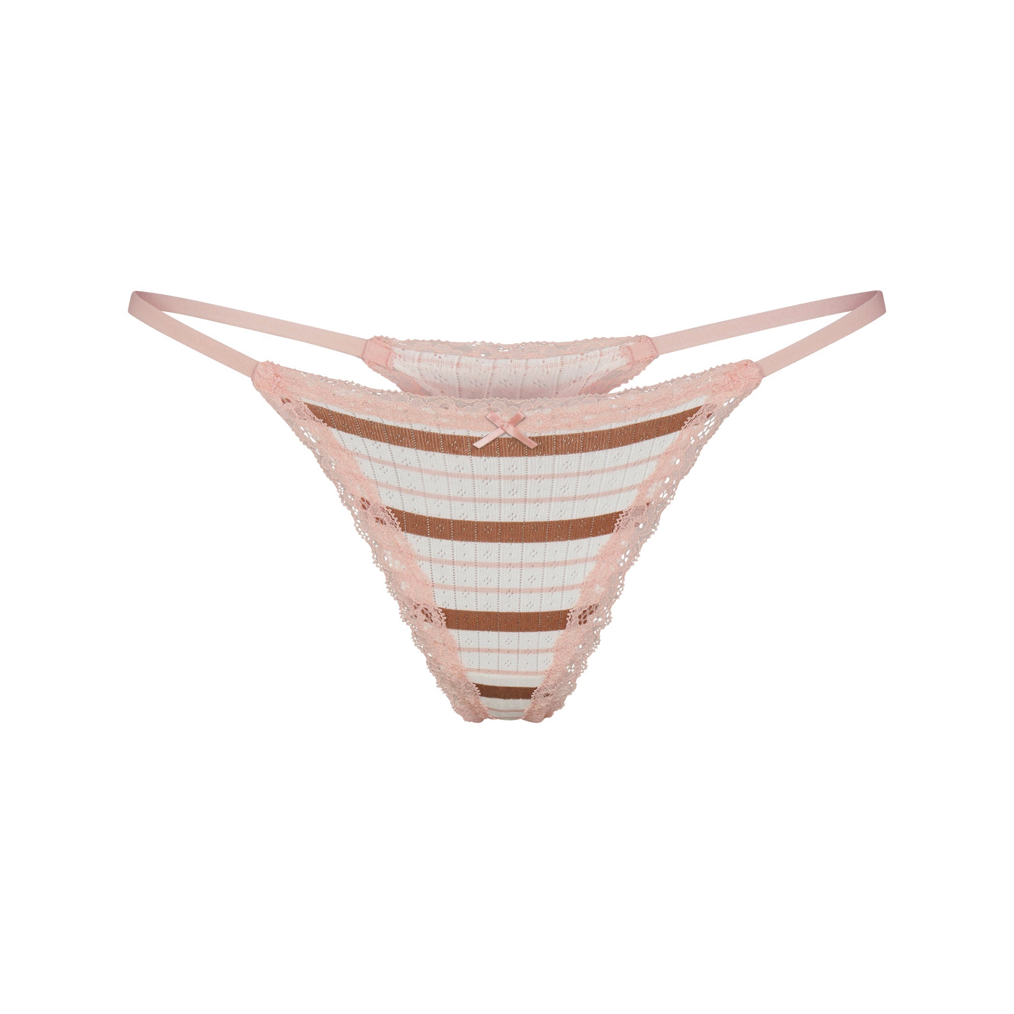 LIGHTWEIGHT COTTON POINTELLE LACE STRING THONG | VILLA EGRET RUNWAY STRIPE ON A MODEL | FLT
