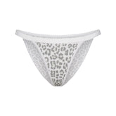 LIGHTWEIGHT COTTON LOGO PICOT STRING BIKINI | SNOW LEOPARD PRINT FLAT ON A WHITE BACKGROUND | FLT