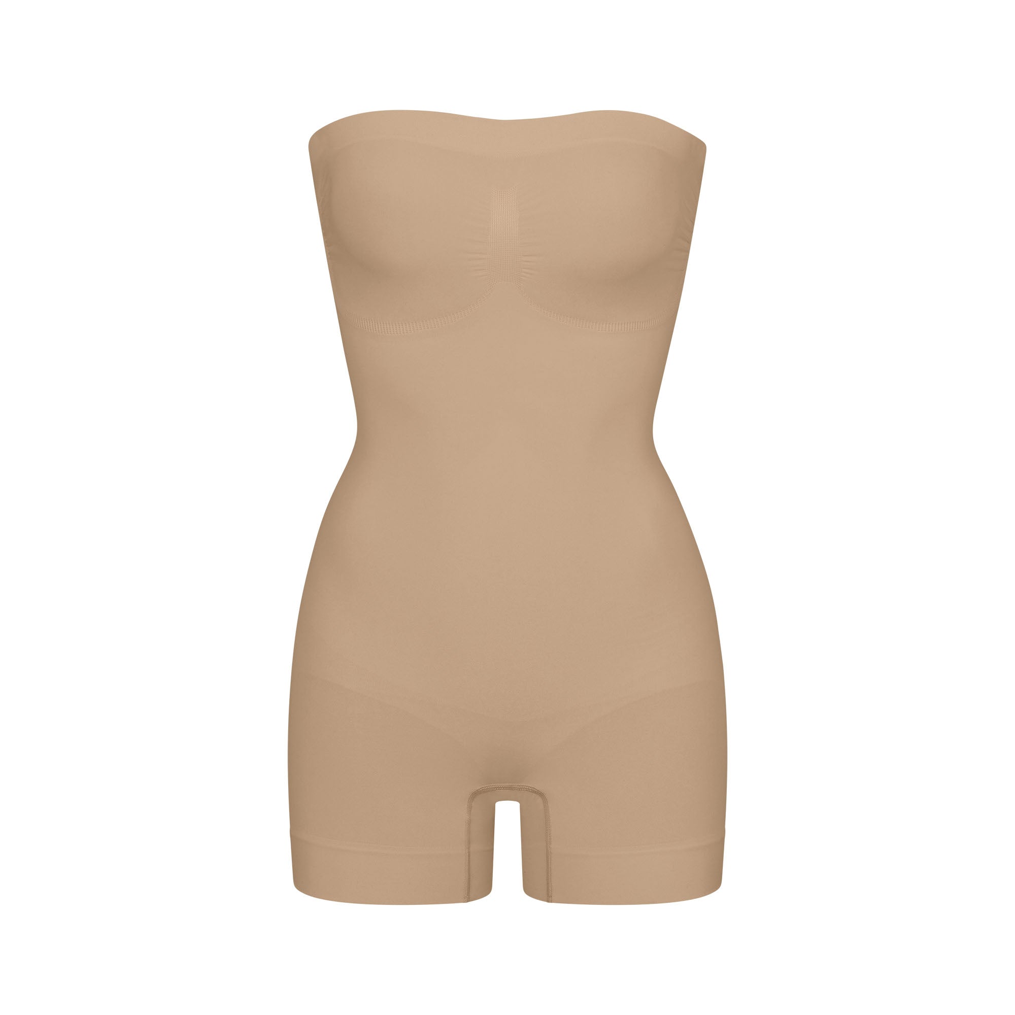 SEAMLESS SCULPT STRAPLESS SHORTIE BODYSUIT | CLAY (ONESIES, BODYSUITS) LAYS FLAT ON A WHITE BACKGROUND | FLT