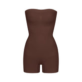 SEAMLESS SCULPT STRAPLESS SHORTIE BODYSUIT | COCOA (ONESIES, BODYSUITS) LAYS FLAT ON A WHITE BACKGROUND | FLT