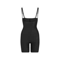SKIMS BODY CORE SCULPT OPEN BUST MID THIGH BODYSUIT | ONYX FLAT ON A WHITE BACKGROUND | FLT