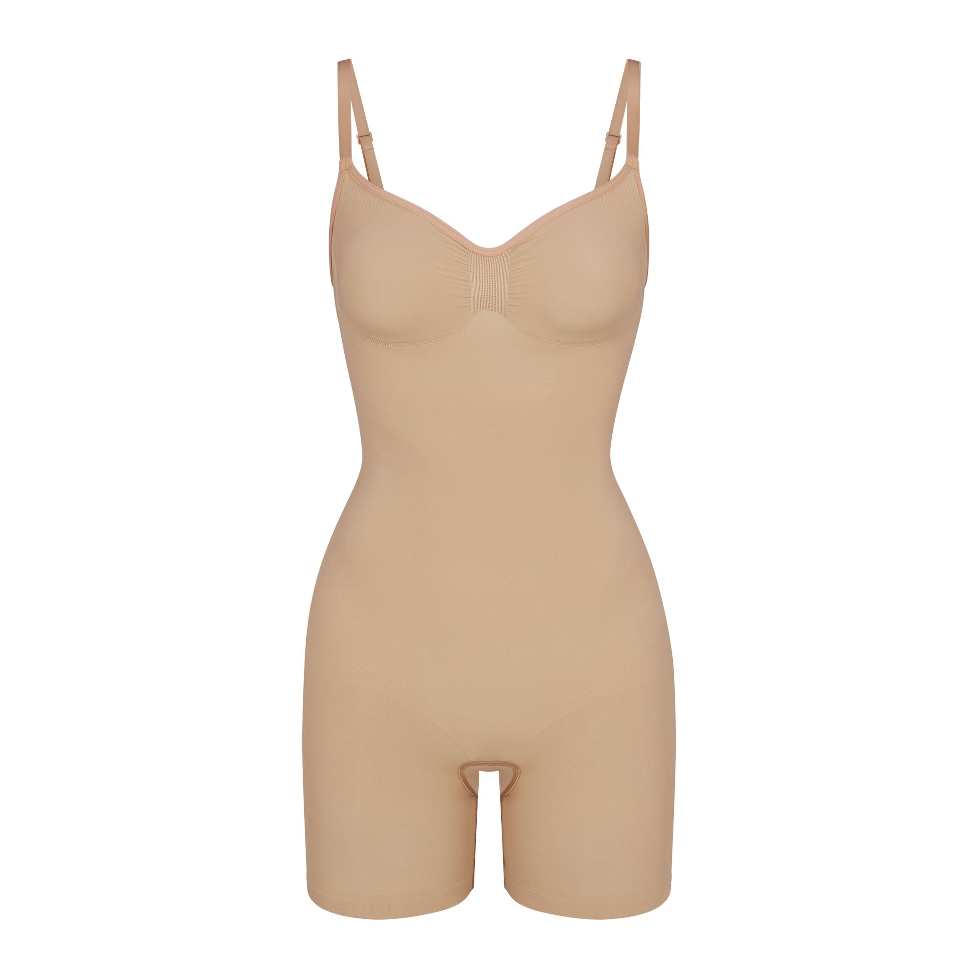 SEAMLESS SCULPT MID THIGH BODYSUIT | CLAY (ONESIES, BODYSUITS) LAYS FLAT ON A WHITE BACKGROUND | FLT