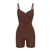 SEAMLESS SCULPT MID THIGH BODYSUIT | COCOA (ONESIES, BODYSUITS) LAYS FLAT ON A WHITE BACKGROUND | FLT
