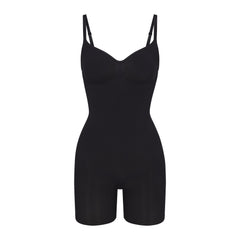 SEAMLESS SCULPT MID THIGH BODYSUIT | ONYX (ONESIES, BODYSUITS) LAYS FLAT ON A WHITE BACKGROUND | FLT