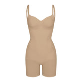 SEAMLESS SCULPT LOW BACK MID THIGH BODYSUIT | CLAY (LOW BACK SHAPEWEAR, BODYSUITS) LAYS FLAT ON A WHITE BACKGROUND | FLT