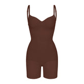 SEAMLESS SCULPT LOW BACK MID THIGH BODYSUIT | COCOA (LOW BACK SHAPEWEAR, BODYSUITS) LAYS FLAT ON A WHITE BACKGROUND | FLT