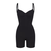 SEAMLESS SCULPT LOW BACK MID THIGH BODYSUIT | ONYX (LOW BACK SHAPEWEAR, BODYSUITS) LAYS FLAT ON A WHITE BACKGROUND | FLT