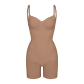 SEAMLESS SCULPT LOW BACK MID THIGH BODYSUIT | SIENNA (LOW BACK SHAPEWEAR, BODYSUITS) LAYS FLAT ON A WHITE BACKGROUND | FLT