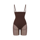 POWER MESH SHAPEWEAR CORE SCULPT OPEN BUST MID THIGH BODYSUIT | COCOA FLAT ON A WHITE BACKGROUND | FLT