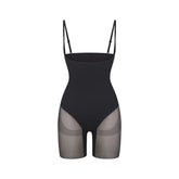 POWER MESH SHAPEWEAR CORE SCULPT OPEN BUST MID THIGH BODYSUIT | ONYX FLAT ON A WHITE BACKGROUND | FLT
