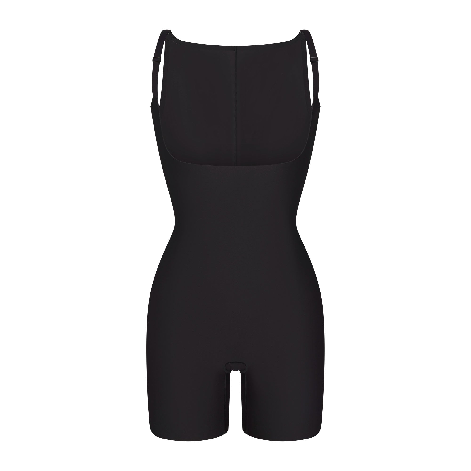 SKIMS BODY CORE SCULPT BACK SMOOTHING OPEN BUST MID THIGH BODYSUIT | ONYX FLAT ON A WHITE BACKGROUND | FLT