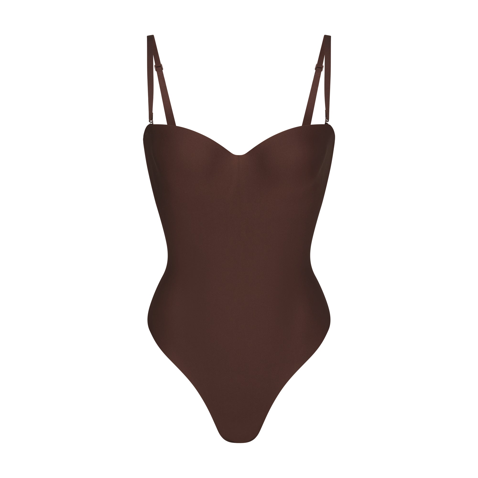 SKIMS BODY UNDERWIRE THONG BODYSUIT | COCOA (SHAPEWEAR BODYSUITS, SHAPEWEAR) LAYS FLAT ON A WHITE BACKGROUND | FLT