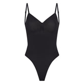 SEAMLESS SCULPT LOW BACK THONG BODYSUIT | ONYX (LOW BACK SHAPEWEAR, BODYSUITS) LAYS FLAT ON A WHITE BACKGROUND | FLT