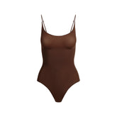 SHEER SEAMLESS THONG BODYSUIT | COCOA FLAT ON A WHITE BACKGROUND | FLT