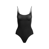 SHEER SEAMLESS THONG BODYSUIT | ONYX FLAT ON A WHITE BACKGROUND | FLT