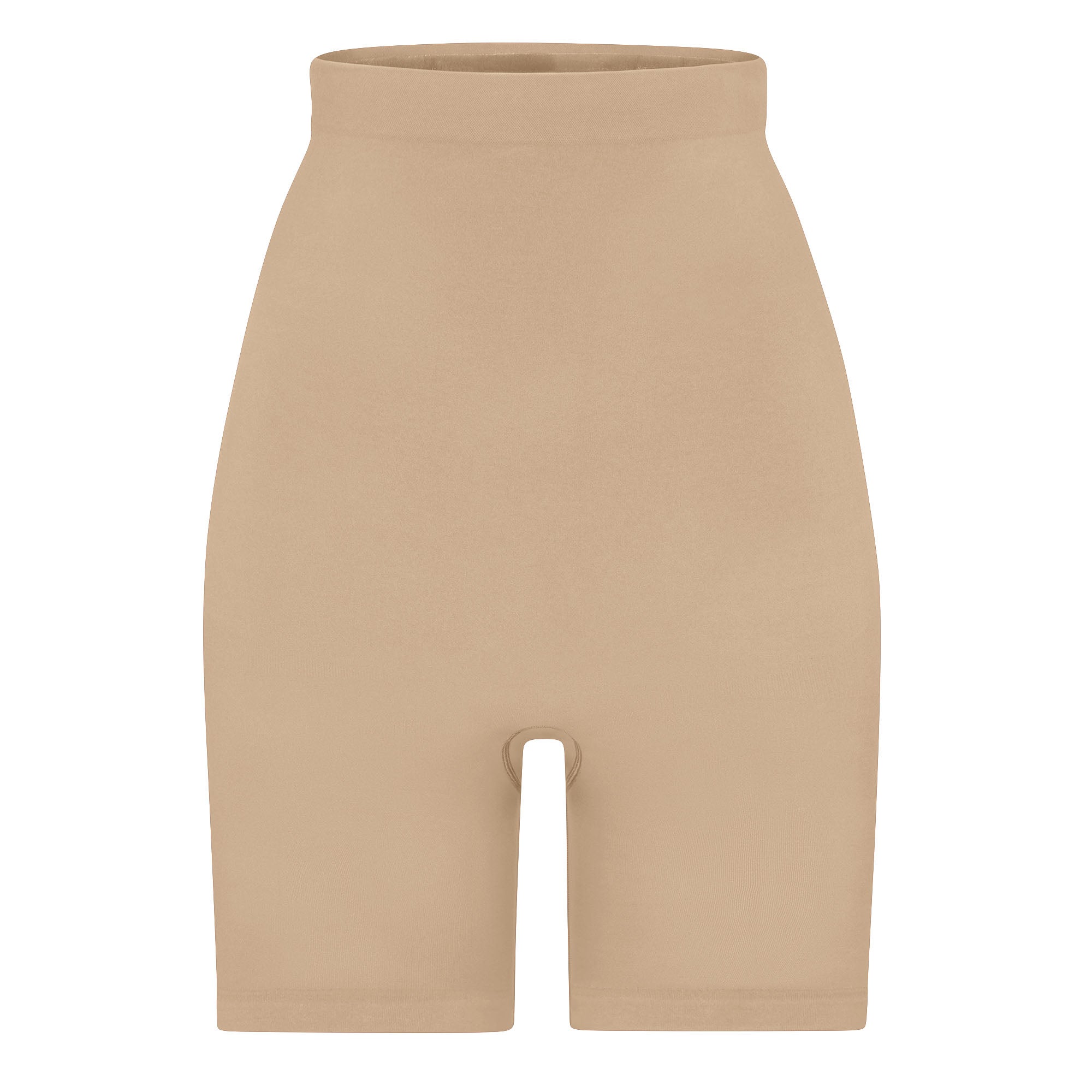 SEAMLESS SCULPT HIGH-WAISTED ABOVE THE KNEE SHORT | CLAY (SHAPEWEAR SHORTS, SHAPEWEAR) LAYS FLAT ON A WHITE BACKGROUND | FLT