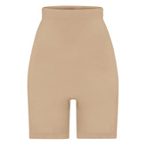 SEAMLESS SCULPT HIGH-WAISTED ABOVE THE KNEE SHORT | CLAY (SHAPEWEAR SHORTS, SHAPEWEAR) LAYS FLAT ON A WHITE BACKGROUND | FLT