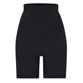SEAMLESS SCULPT HIGH-WAISTED ABOVE THE KNEE SHORT | ONYX (SHAPEWEAR SHORTS, SHAPEWEAR) LAYS FLAT ON A WHITE BACKGROUND | FLT