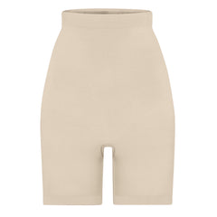 SEAMLESS SCULPT HIGH-WAISTED ABOVE THE KNEE SHORT | SAND (SHAPEWEAR SHORTS, SHAPEWEAR) LAYS FLAT ON A WHITE BACKGROUND | FLT
