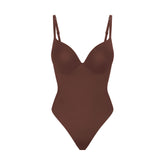 SKIMS ULTIMATE BODY PUSH-UP THONG BODYSUIT | COCOA FLAT ON A WHITE BACKGROUND | FLT | FLT