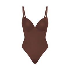 SKIMS ULTIMATE BODY PUSH-UP THONG BODYSUIT | COCOA FLAT ON A WHITE BACKGROUND | FLT | FLT