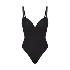 SKIMS ULTIMATE BODY PUSH-UP THONG BODYSUIT | ONYX FLAT ON A WHITE BACKGROUND | FLT | FLT